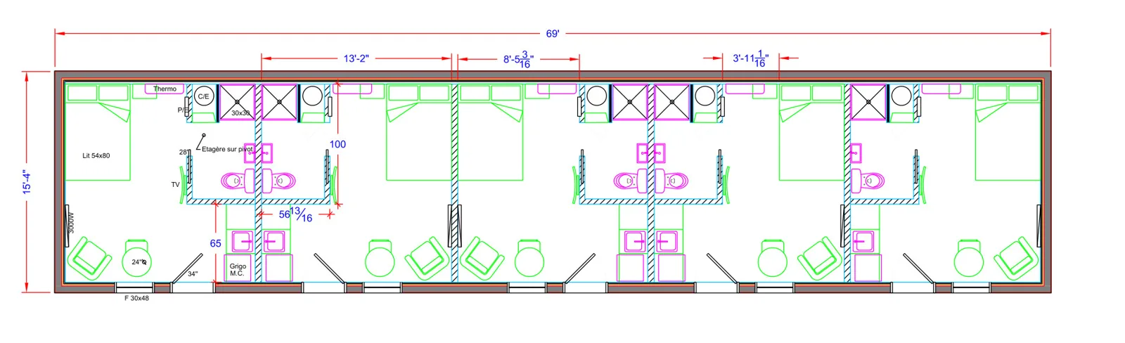 Motel 5 chambres · plan d'étage