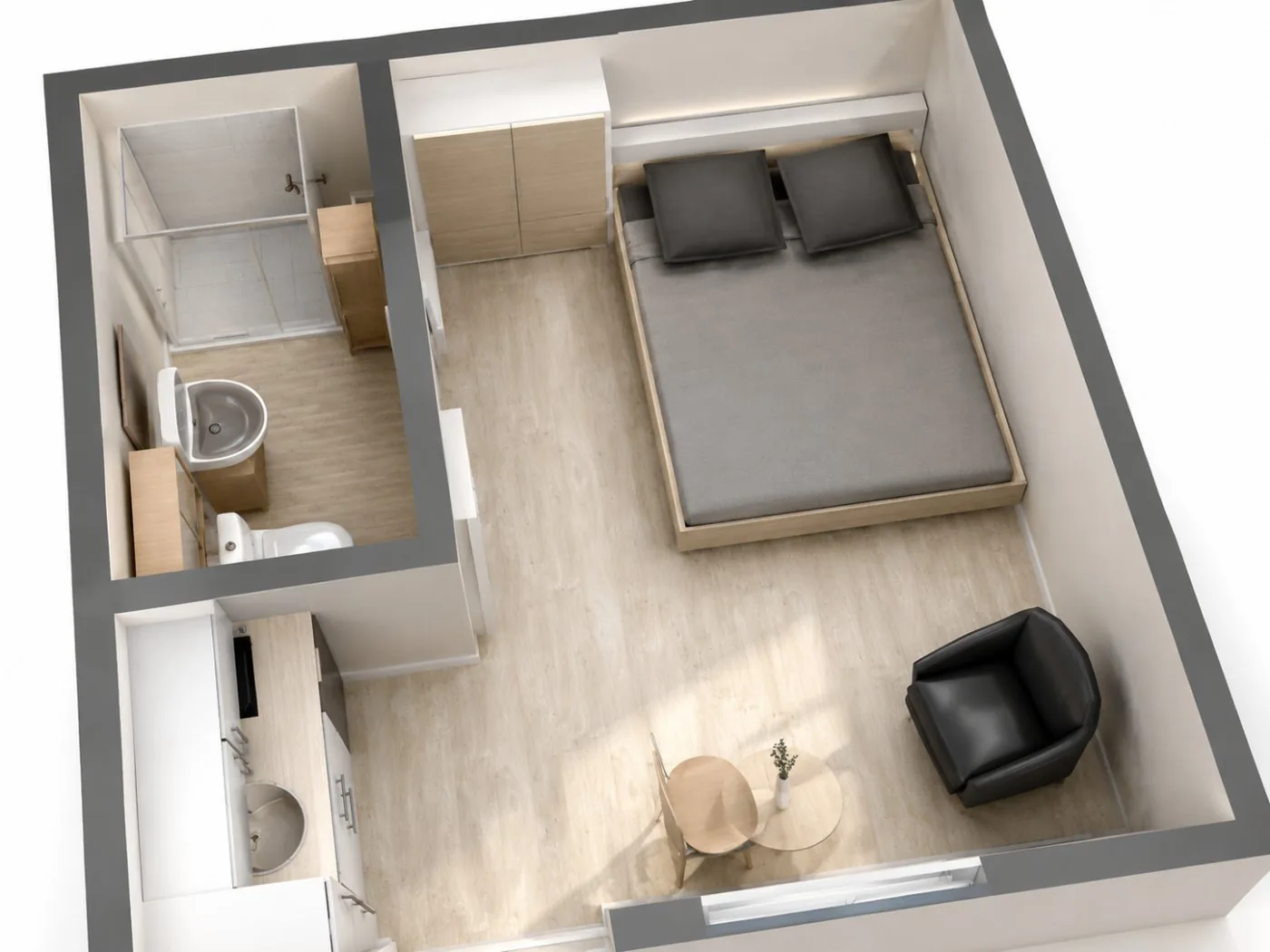 Chambre · vue en coupe, salle de bain privée