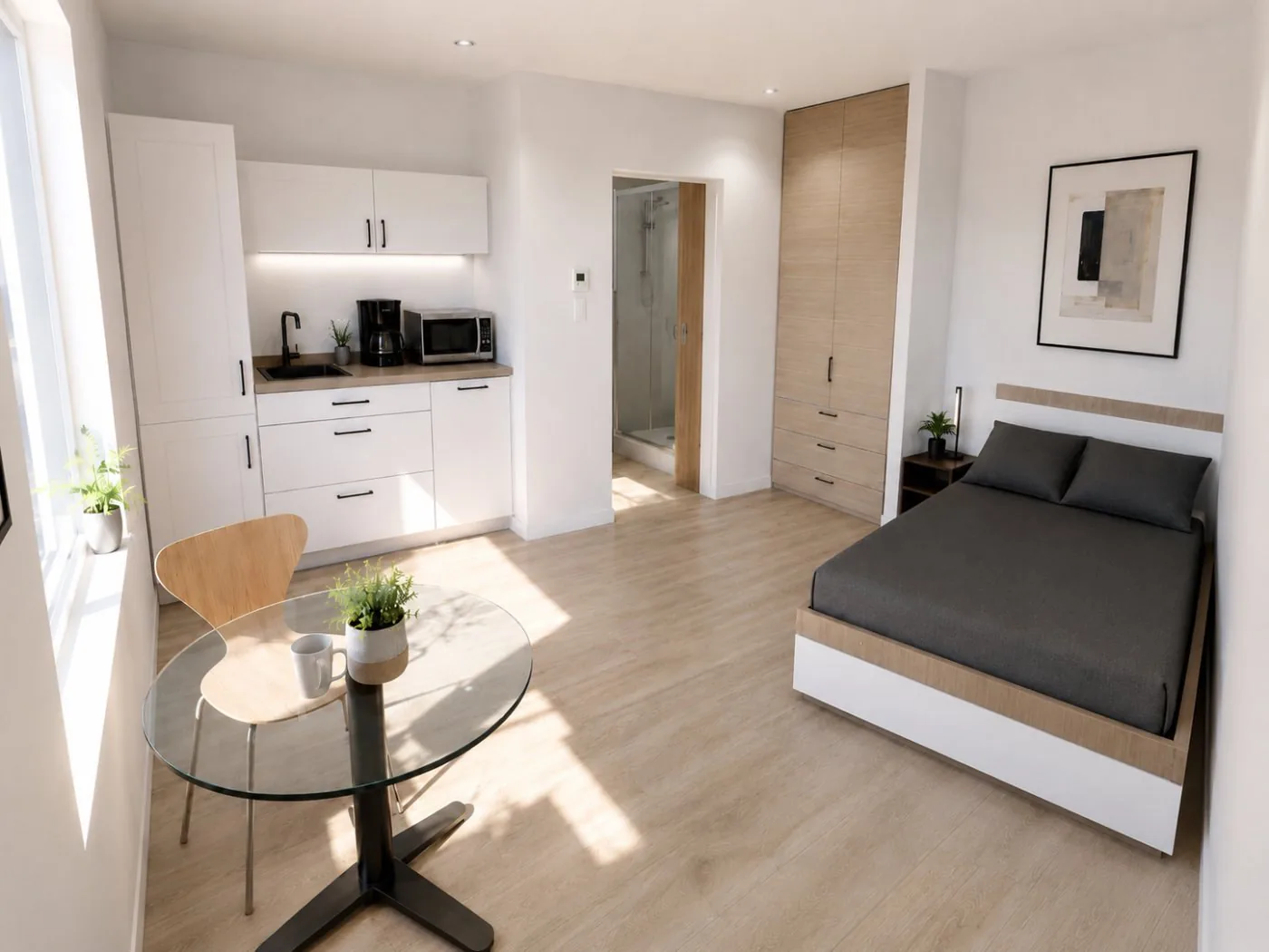Chambre · lit, cuisinette et coin repas