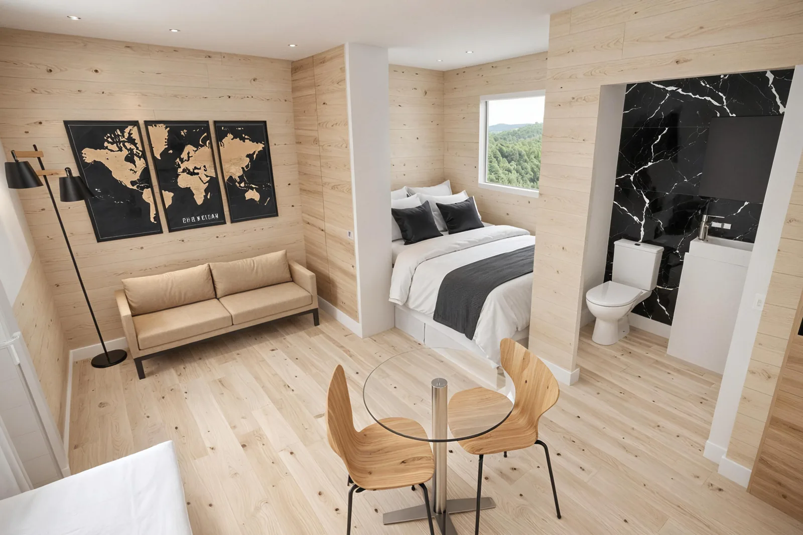 Chambre · lit, salon et salle de bain