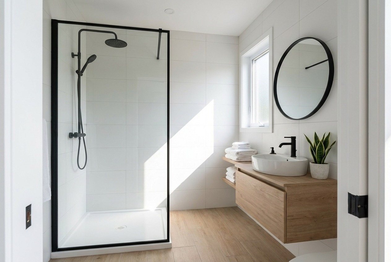 Une douche sans seuil, facile d'accès, facile à entretenir.