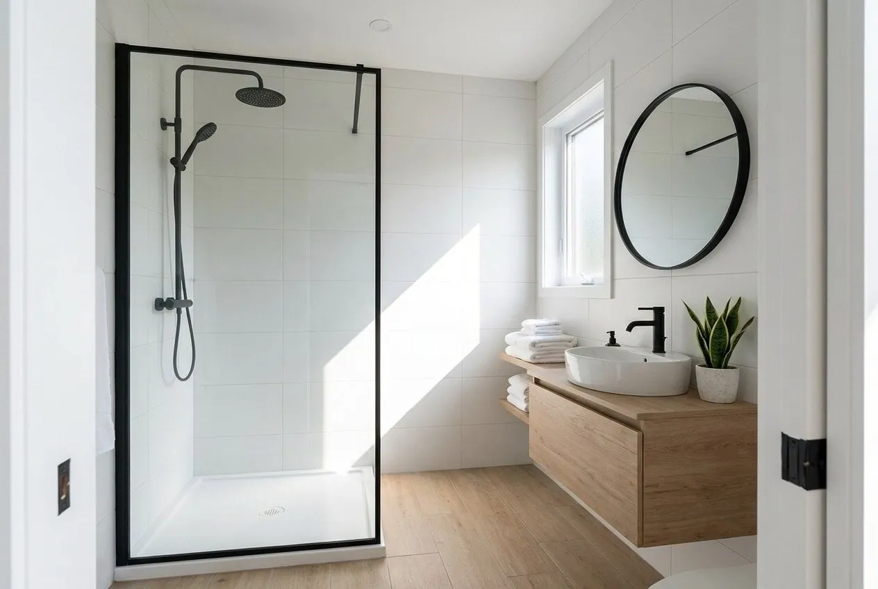 Une douche sans seuil, facile d'accès, facile à entretenir.