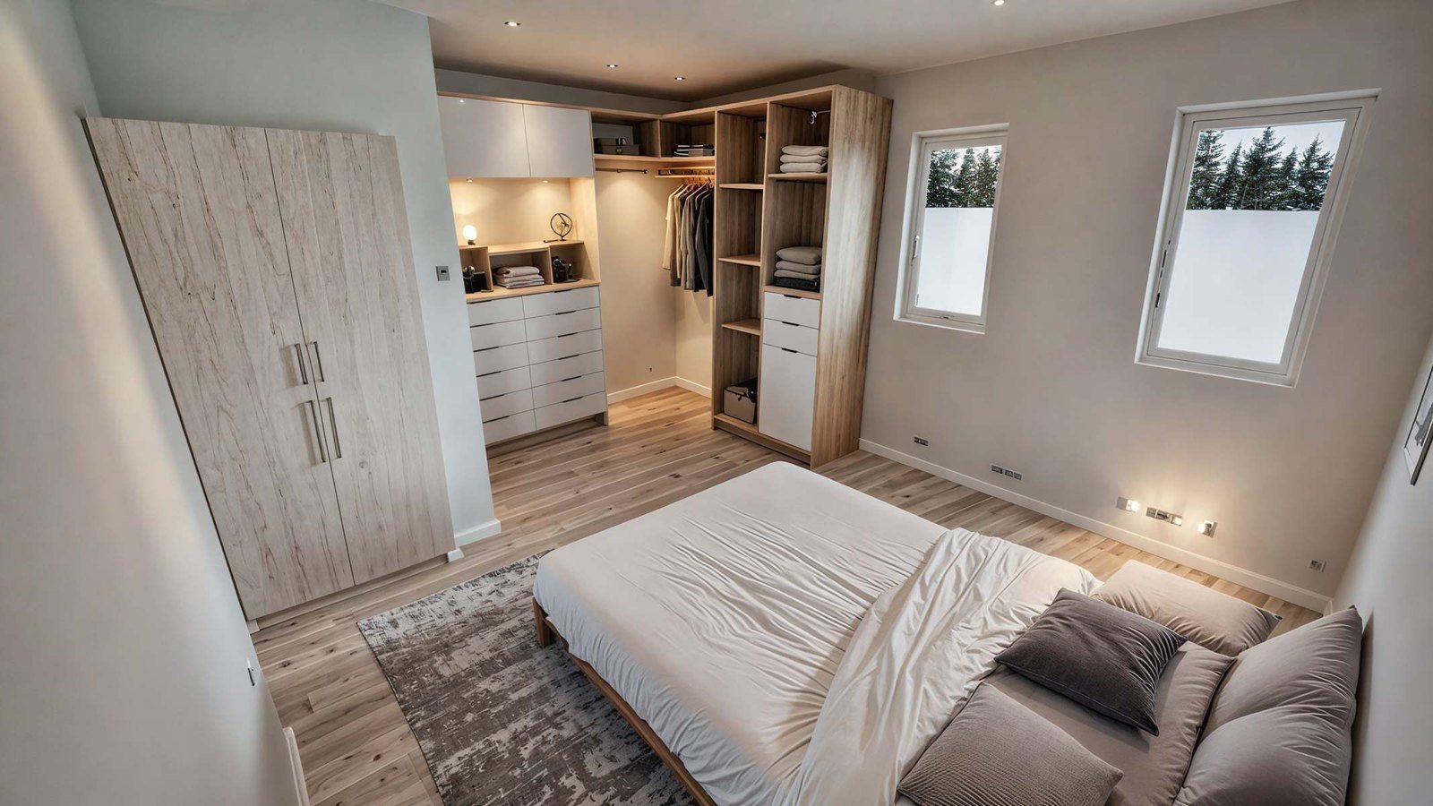 Une chambre principale avec walk-in : tout est rangé, rien ne traîne.