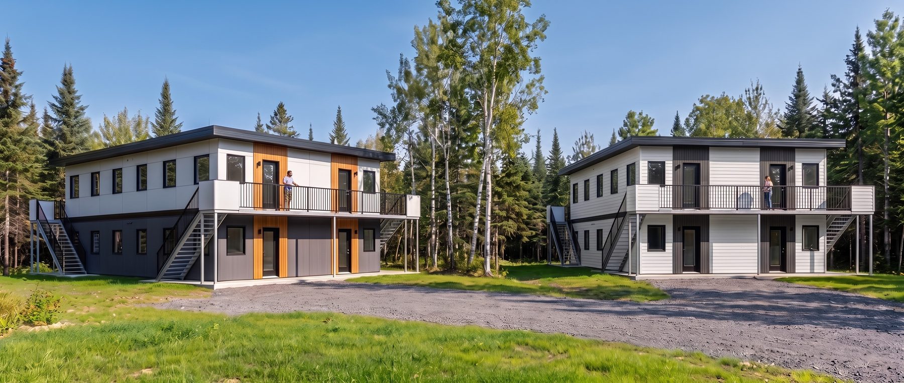 Deux immeubles de huit logements côte à côte, en forêt boréale