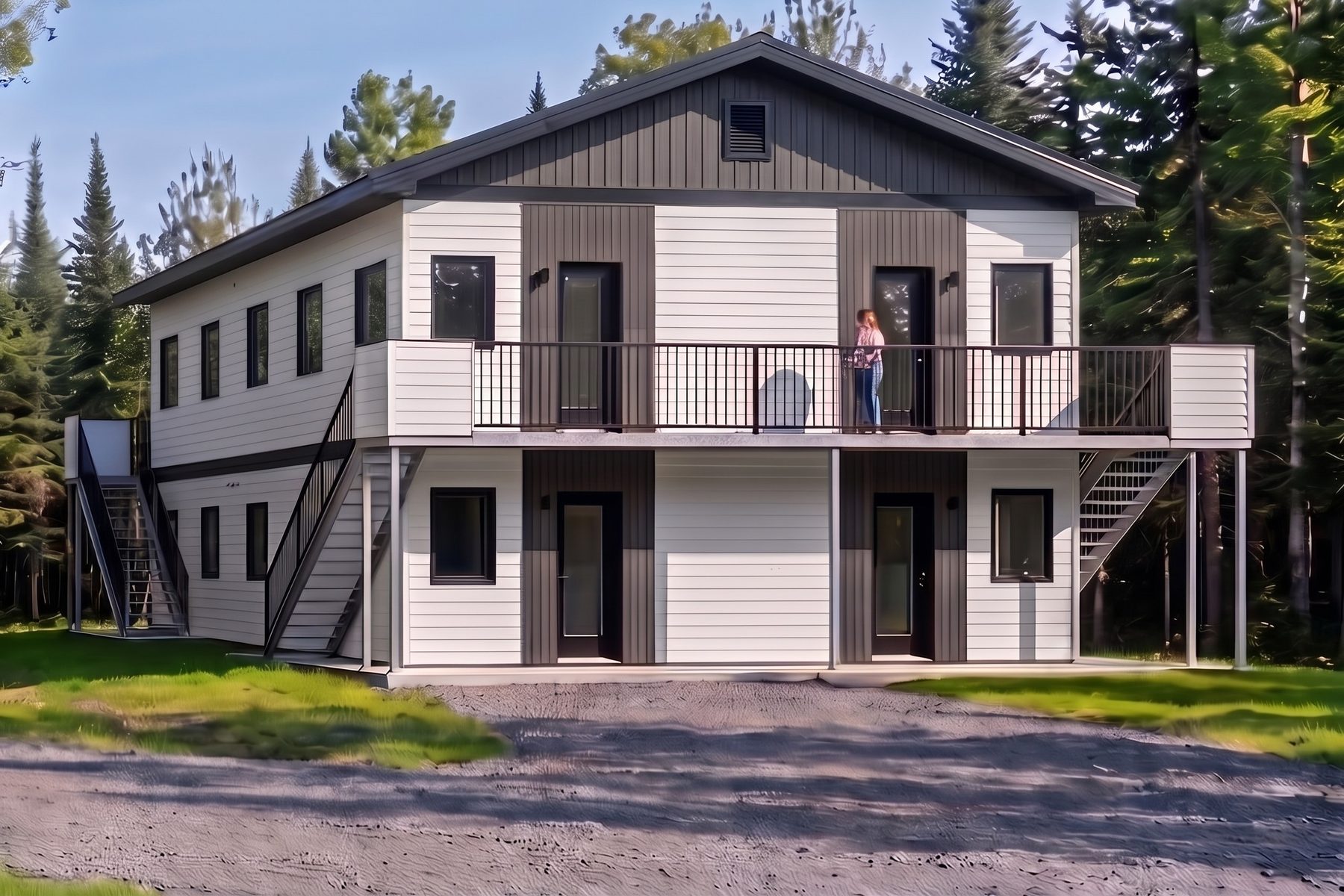 Immeuble blanc, toit à deux versants avec pignon au centre