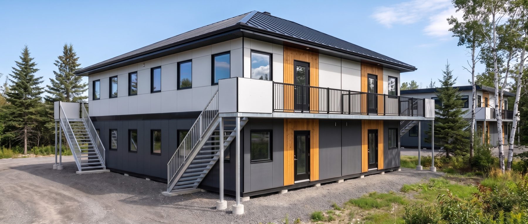 Immeuble gris, toit à quatre versants