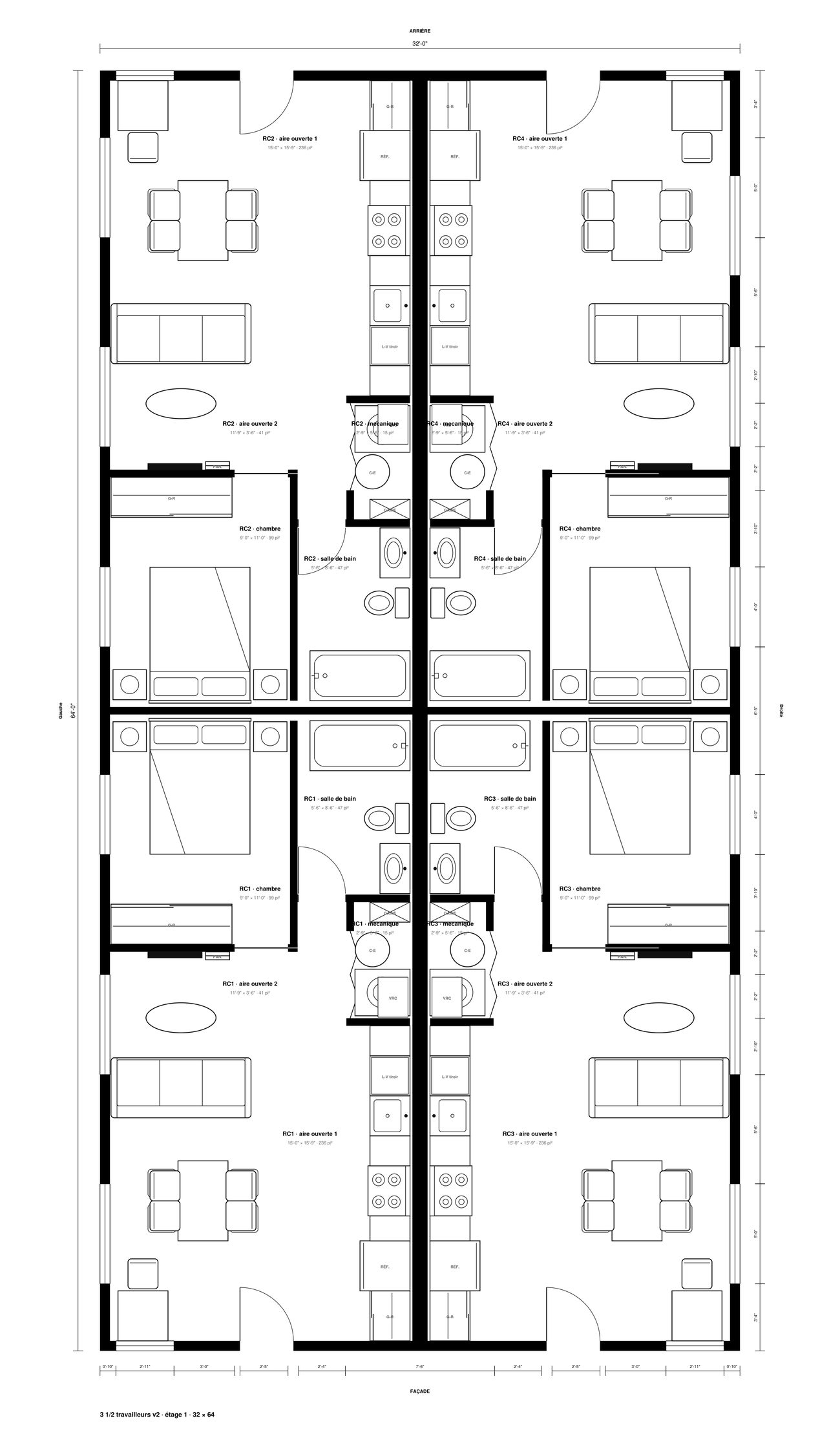Plan d'un étage : quatre logements, deux par module