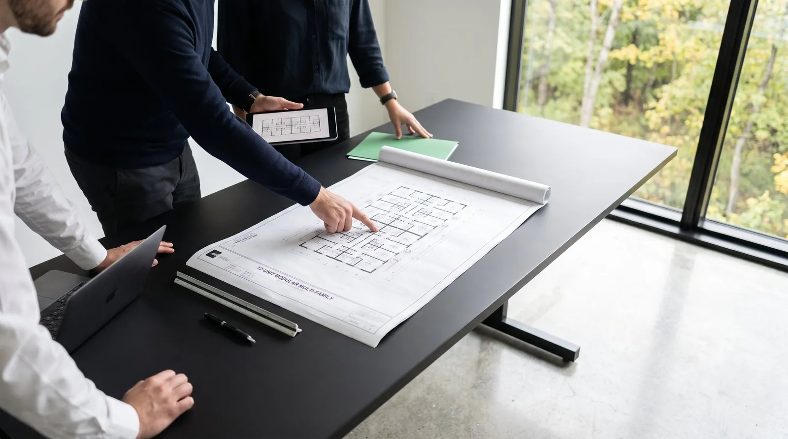 Plans d'un 12 logements modulaire sur la table d'un bureau d'architecture