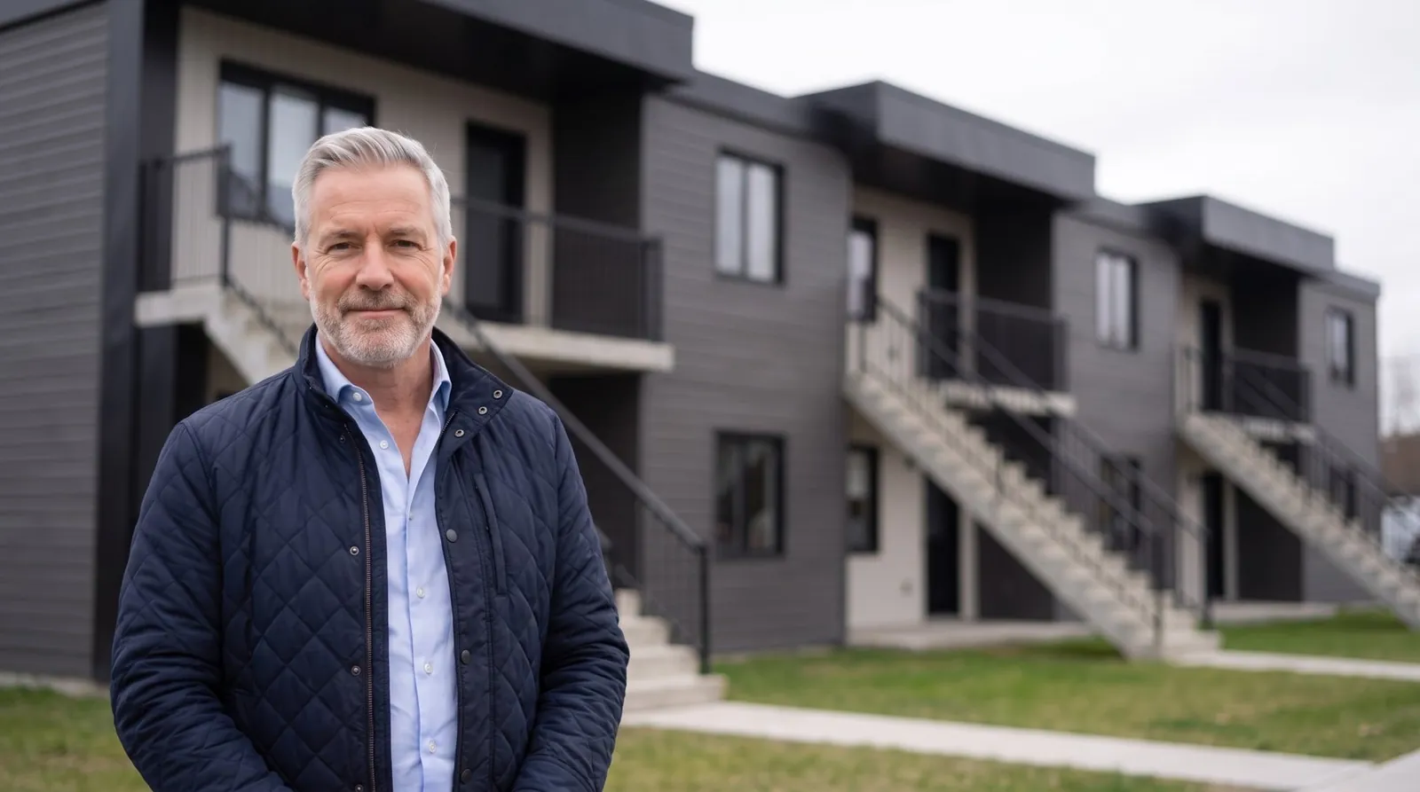 Promoteur devant une rue de multilogements modulaires Construction Prospère